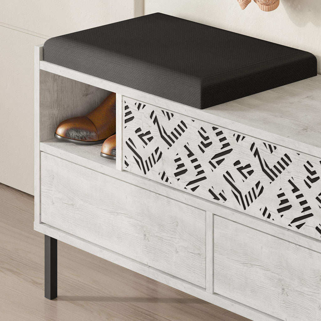 Ancient White shoe storage bench with black seat cushion and patterned front grille