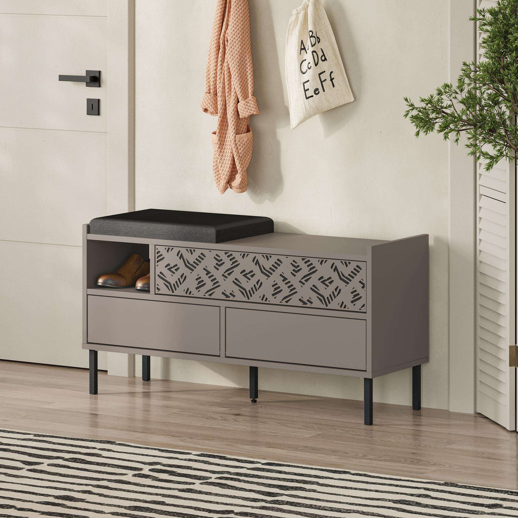 Shoe storage bench with black seat and patterned side panel, open shoe compartment