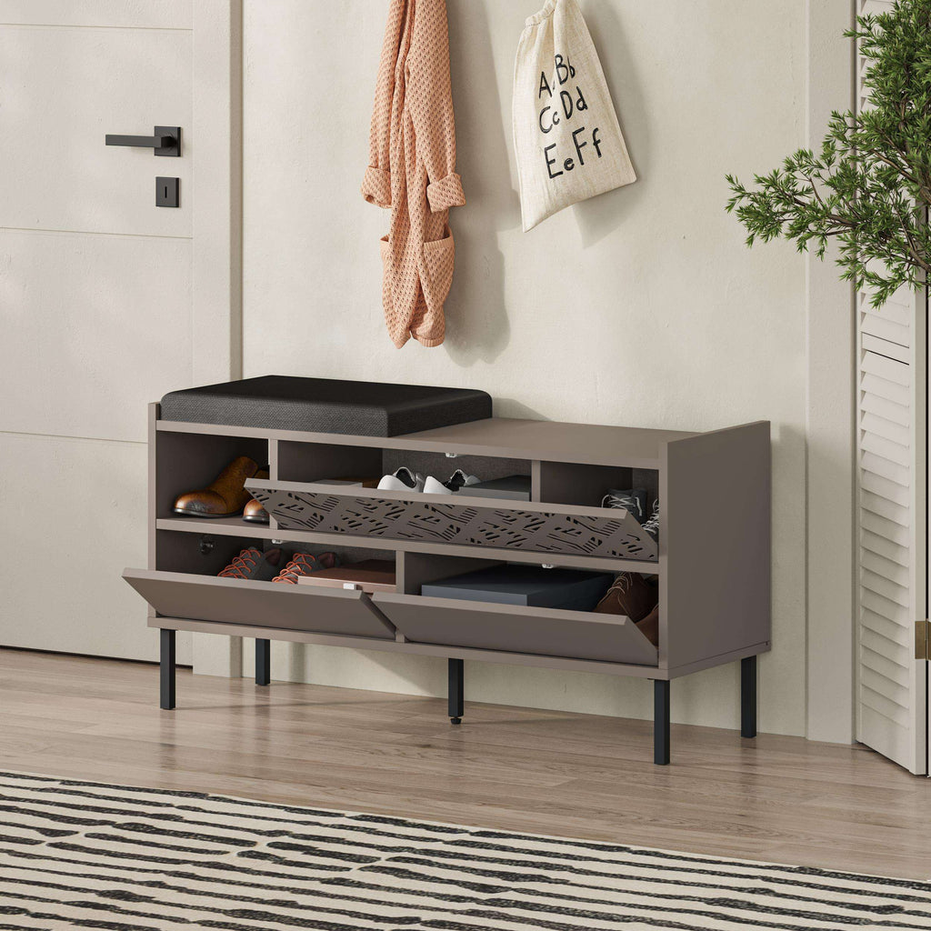 Shoe storage bench with black seat, open compartments, and two front drawers