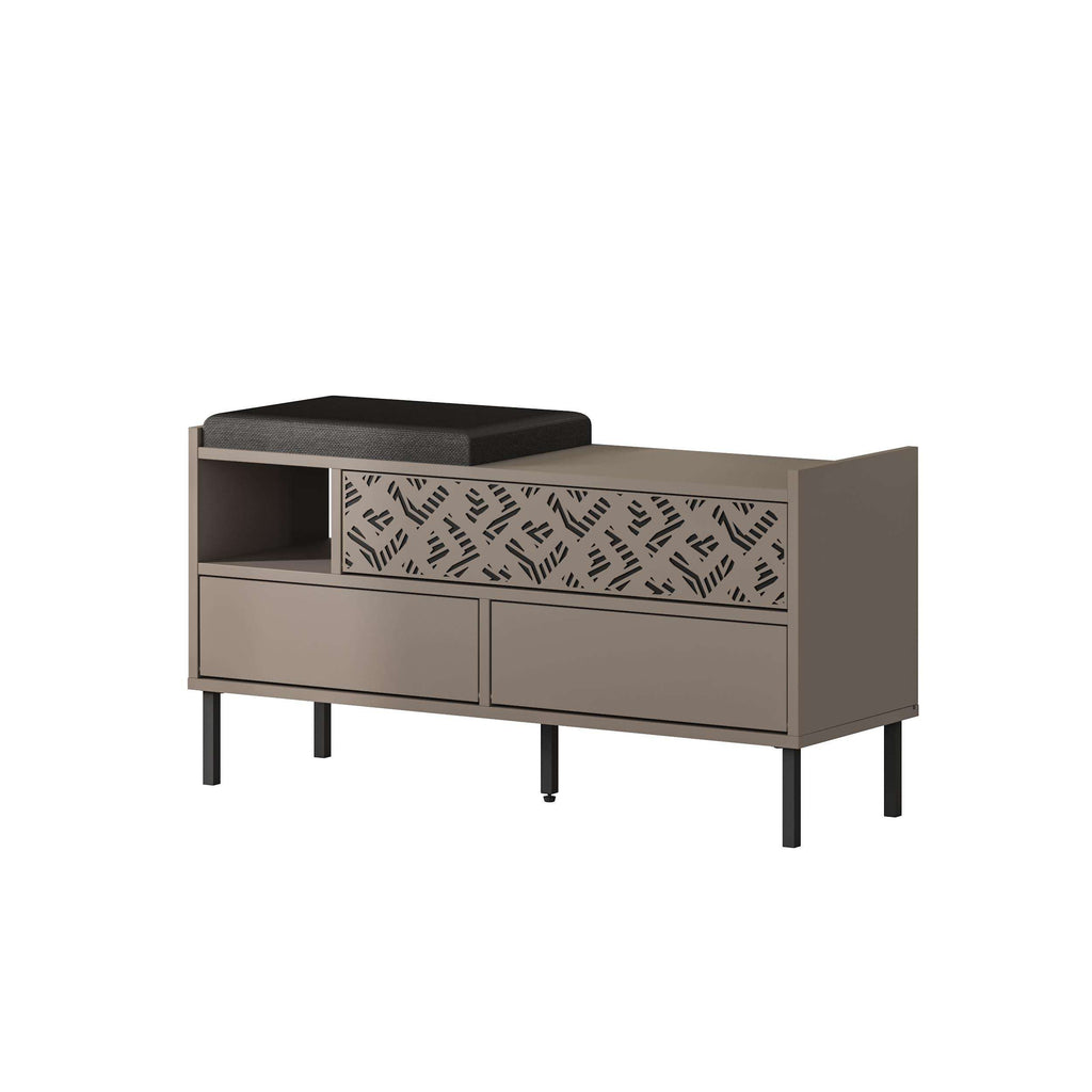 Shoe storage bench with dark seat, taupe-grey frame, open shelves, patterned center panel