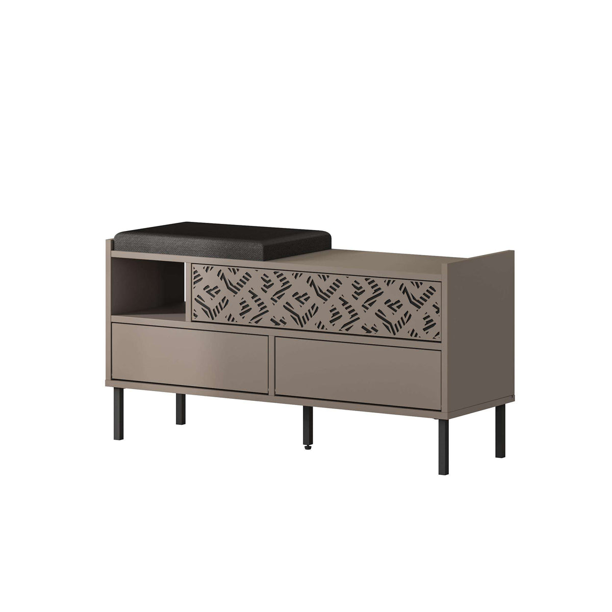 Shoe storage bench with dark seat, taupe-grey frame, open shelves, patterned center panel