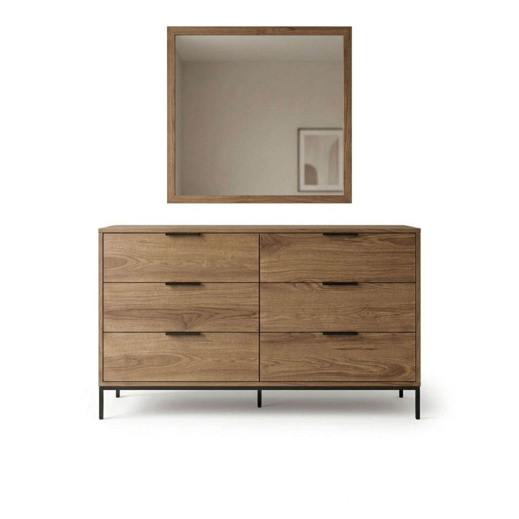 Square wall mirror with whiskey oak frame and thin dark backing behind glass