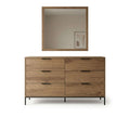Square wall mirror with whiskey oak frame and thin dark backing behind glass