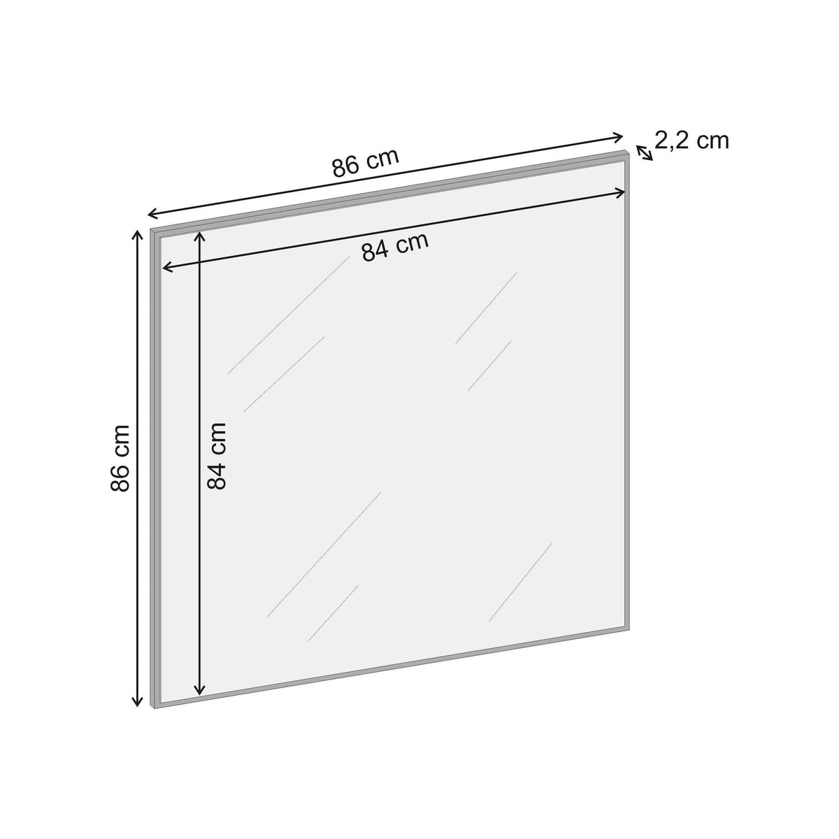 Square wall mirror dimensions: 86 cm x 86 cm, frame depth 2.2 cm