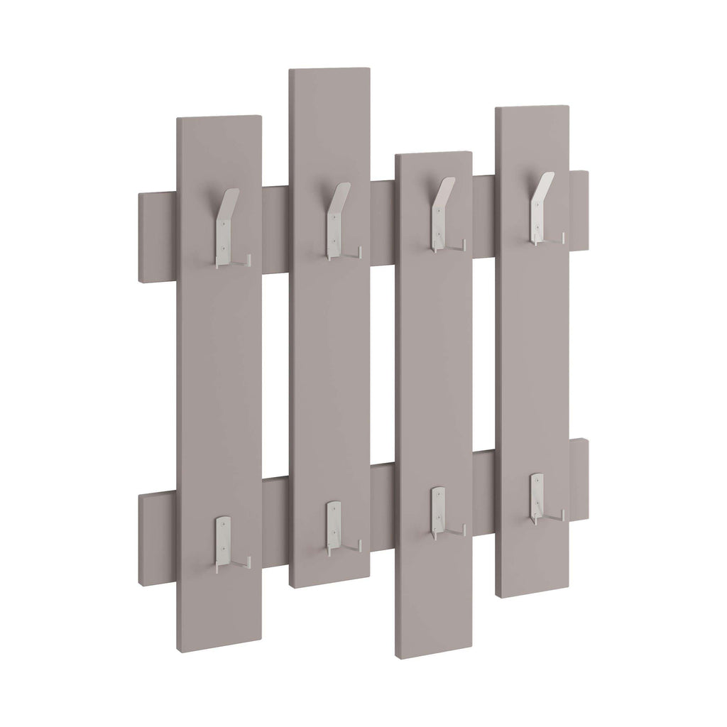 Taupe wave coat rack panel with multiple hooks and clips