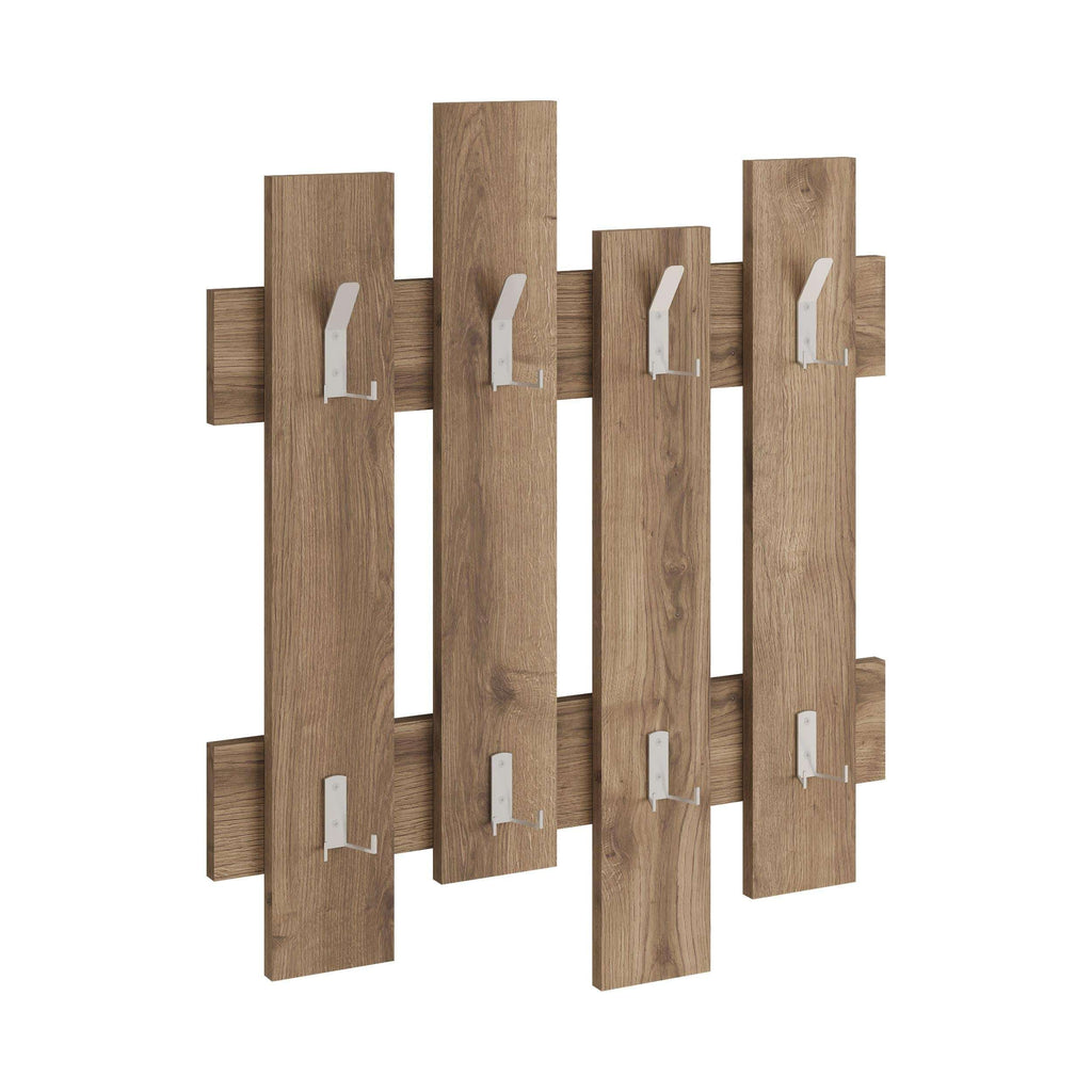 Oak-style wave coat rack with flat metal hooks on connected wooden panels