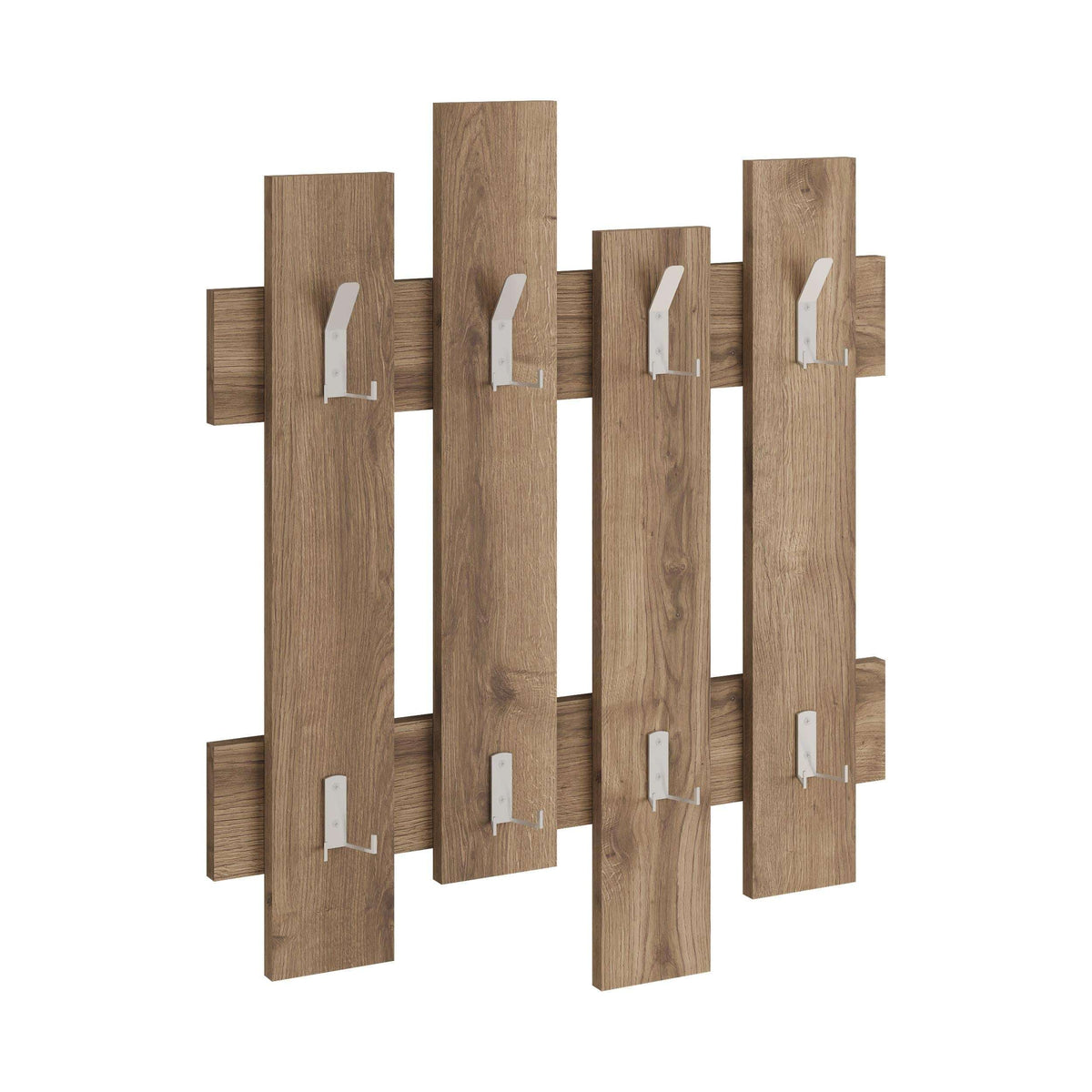 Oak-style wave coat rack with flat metal hooks on connected wooden panels