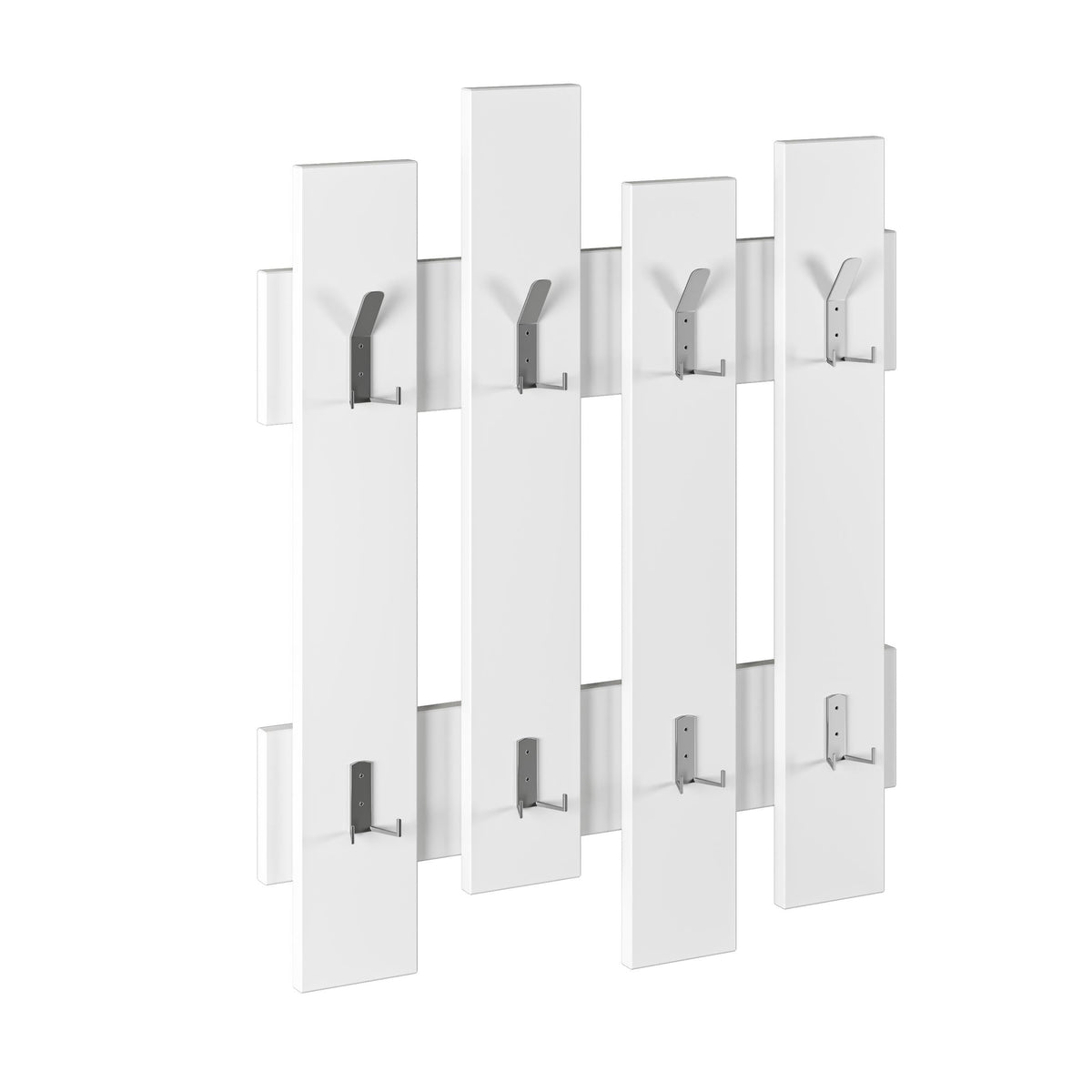 White wood coat rack with staggered vertical panels and integrated hooks