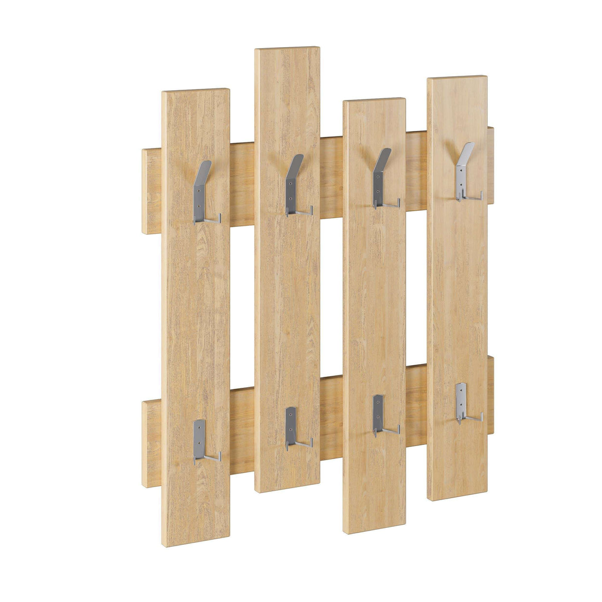 Light wood wave coat rack with multiple wall-mounted hangers and hooks