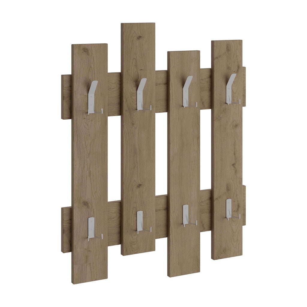 Wave-style wooden coat rack with five panels and white hanging hooks