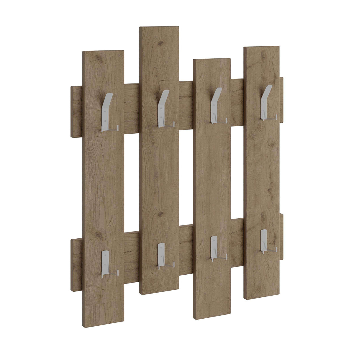 Wave-style wooden coat rack with five panels and white hanging hooks
