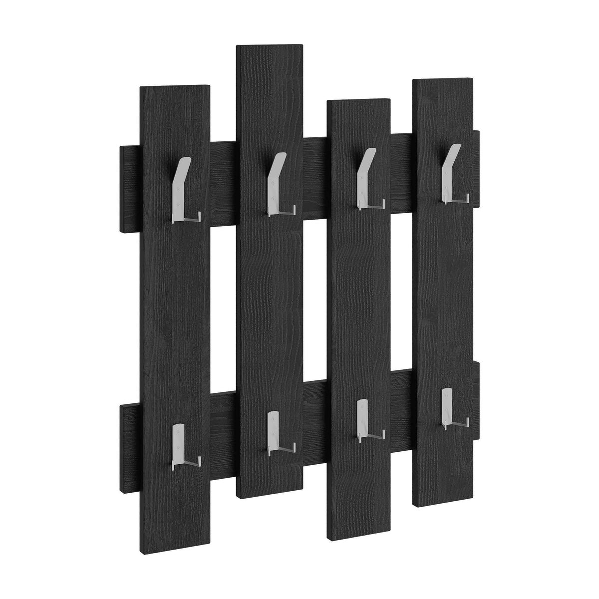 Black wood coat rack with staggered vertical panels and integrated hooks