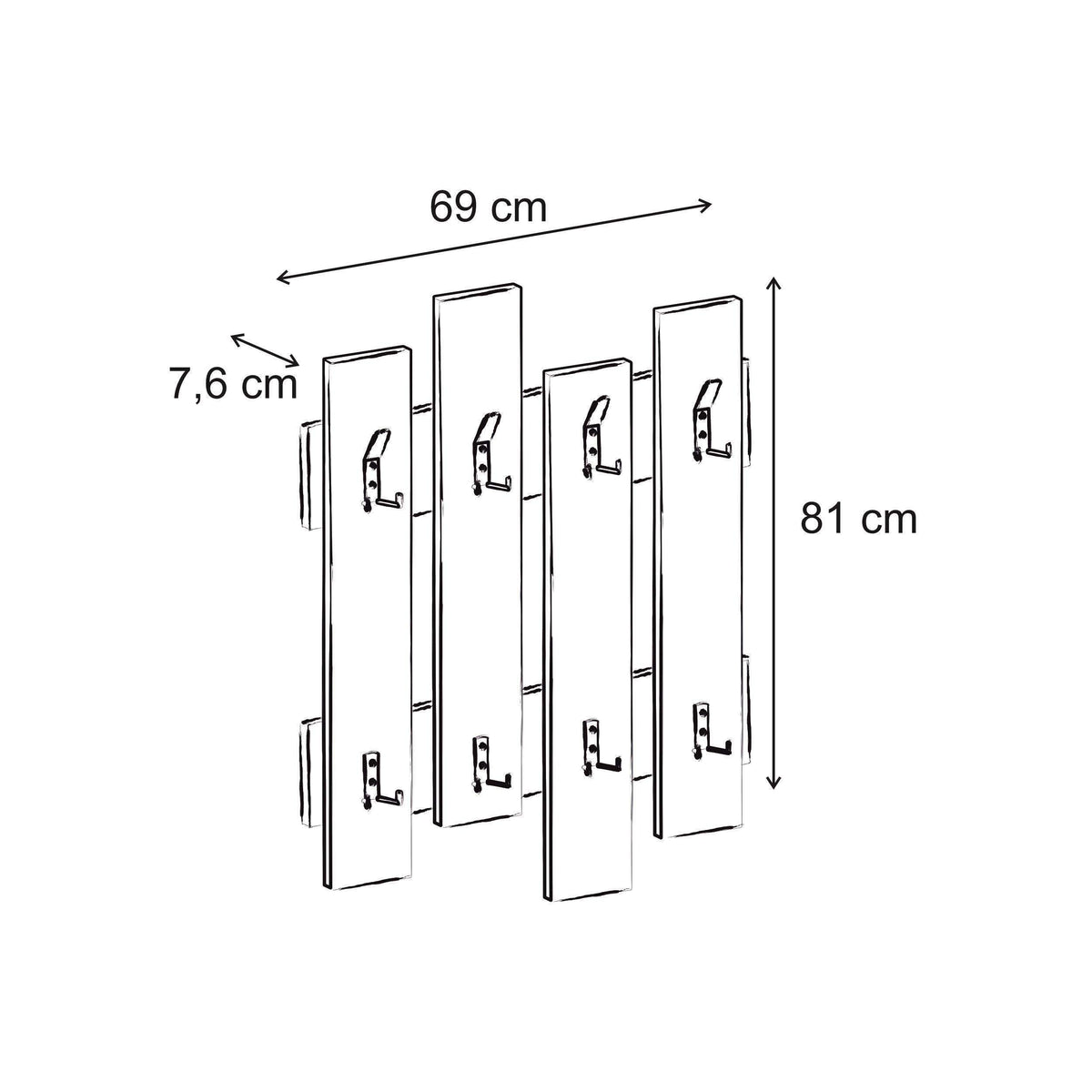 Coat rack with vertical wall-mounted hooks; 69 cm wide and 81 cm high