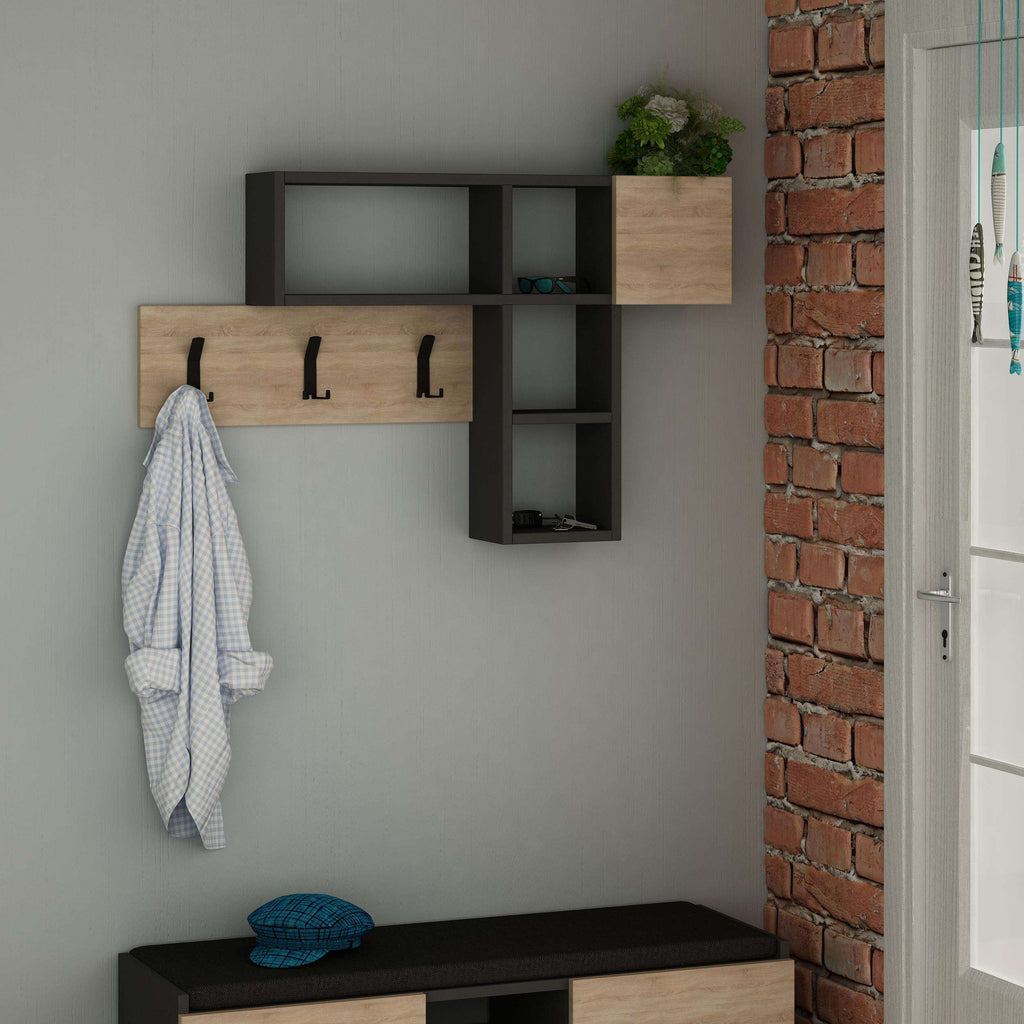 Wall-mounted game hanger with dark wood shelves and three black coat hooks