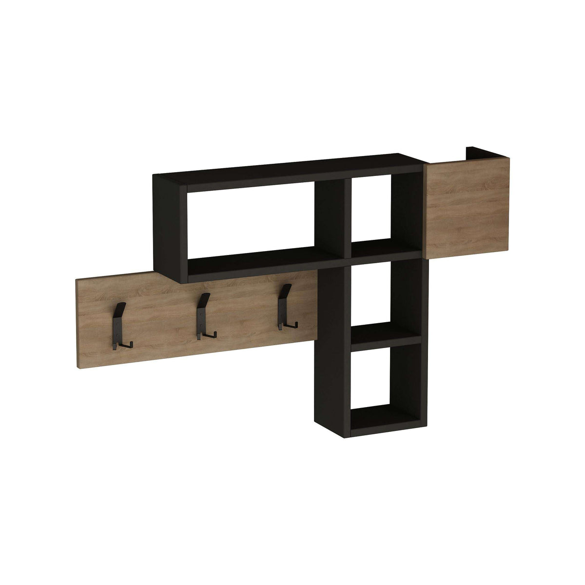 Game hanger wall unit with three hooks, dark frame, and open storage cube grid