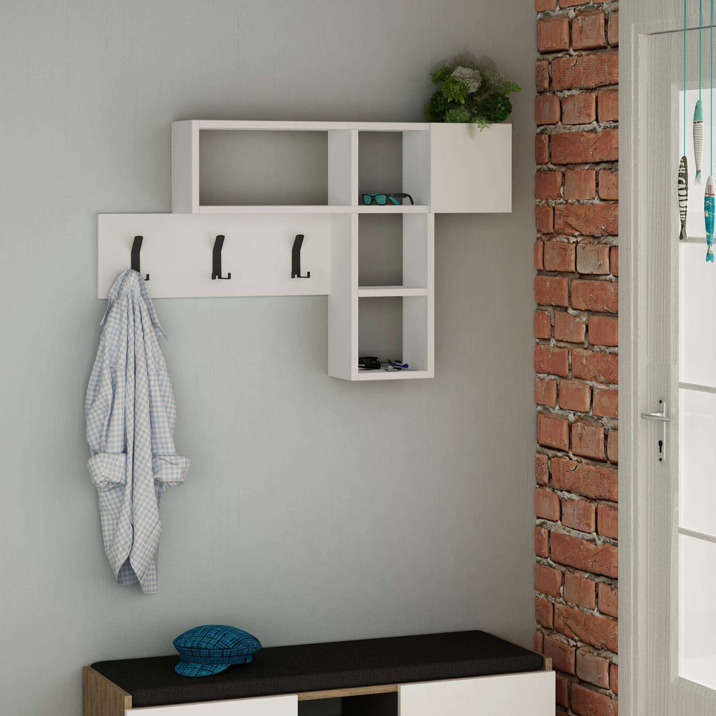 White wall-mounted game hanger with three black coat hooks and side storage cubby