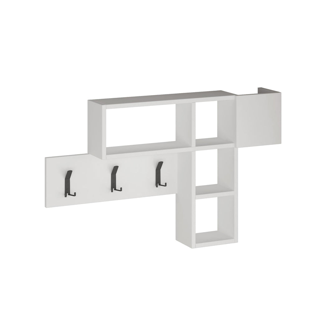 White wall-mounted game hanger unit with open shelves and three coat hooks