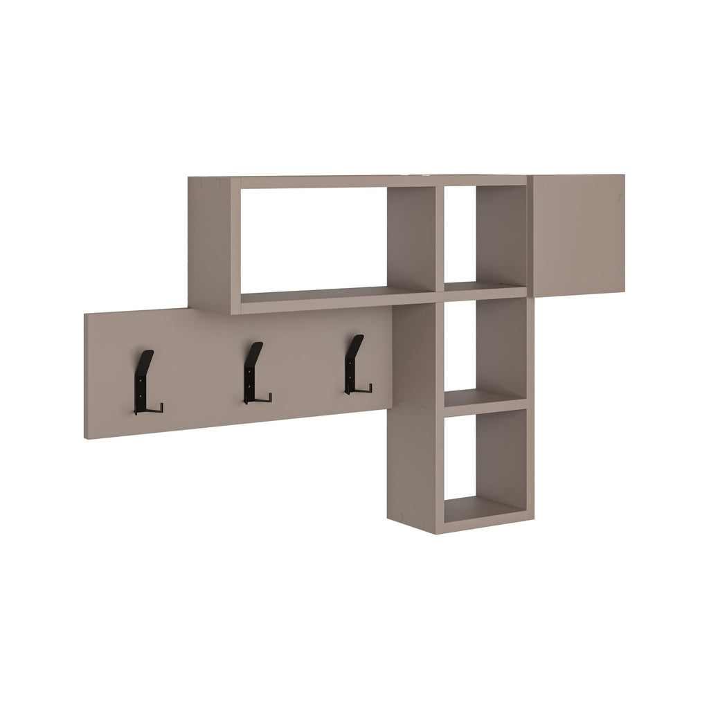 Light mocha wall-mounted game hanger with open shelves and three coat hooks
