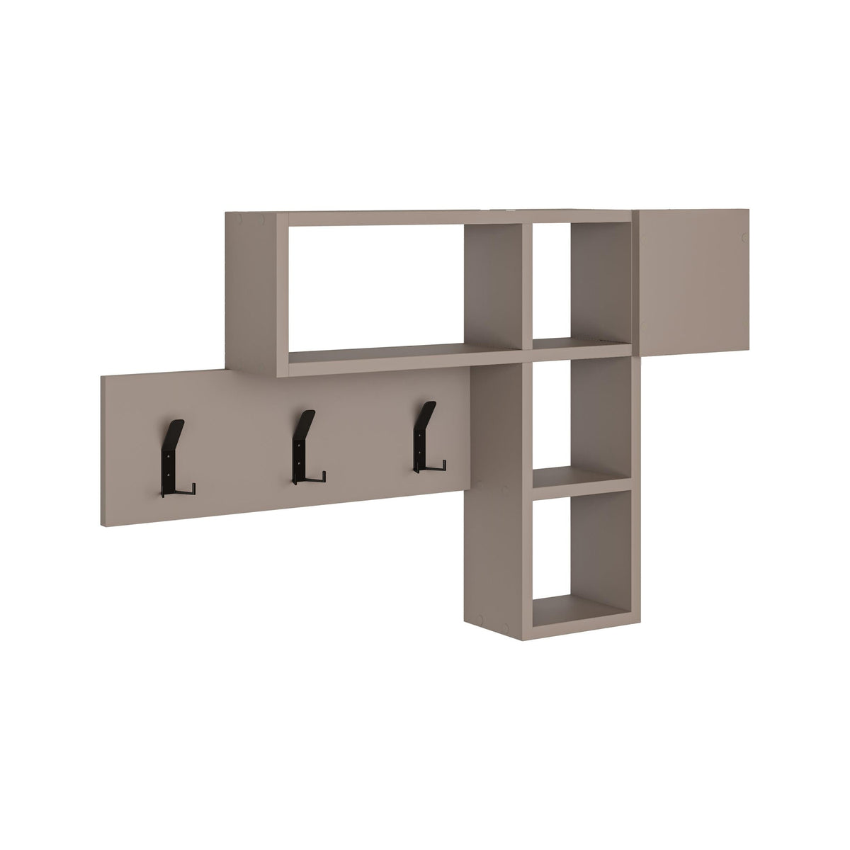Light mocha wall-mounted game hanger with open shelves and three coat hooks