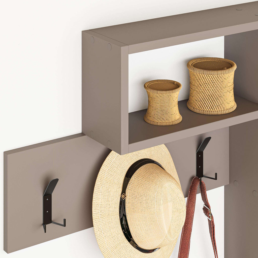 Light mocha wall-mounted game hanger with two shelves and coat hooks, holding hats