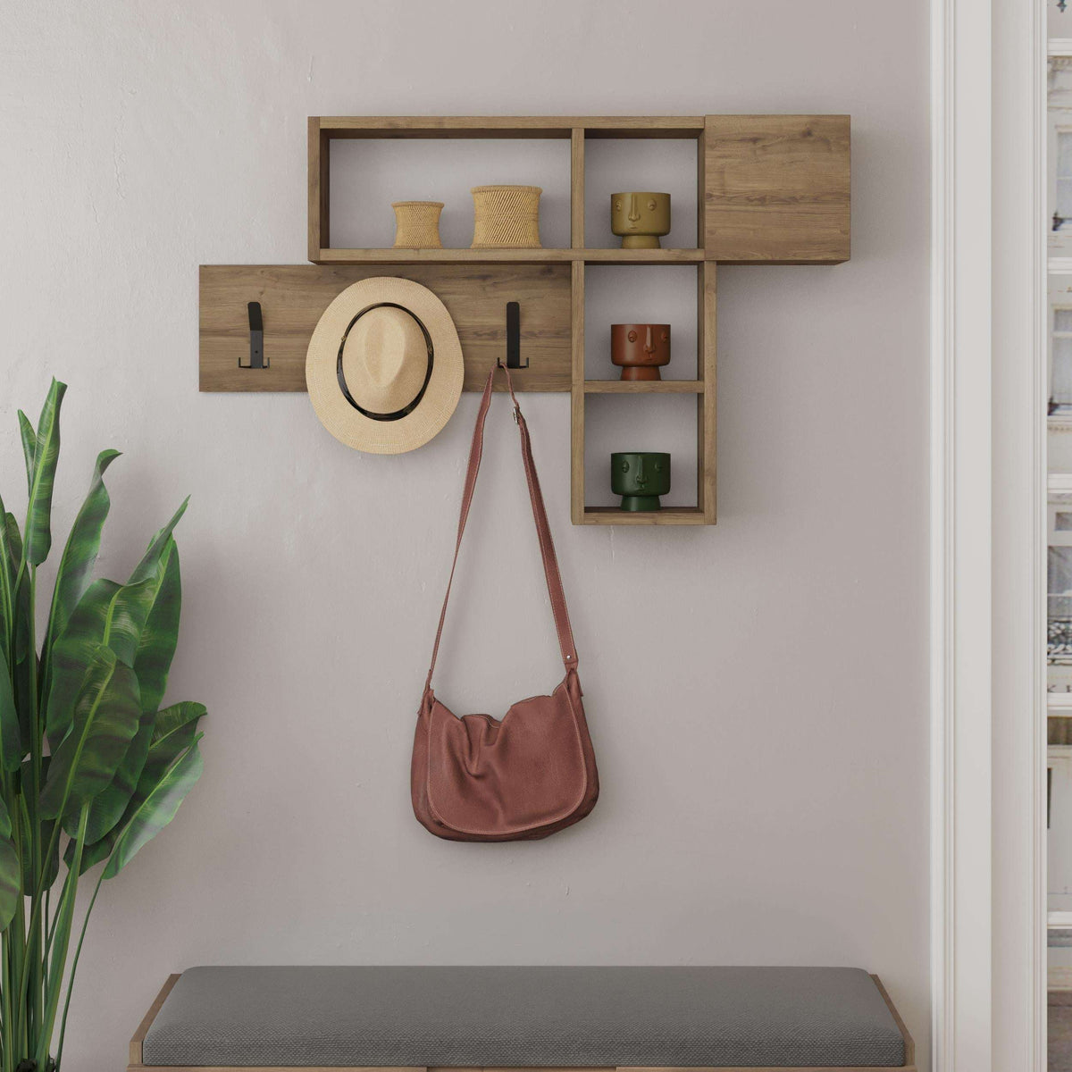Wall-mounted Game Hanger with shelf cubbies, hooks, and hat brim holder