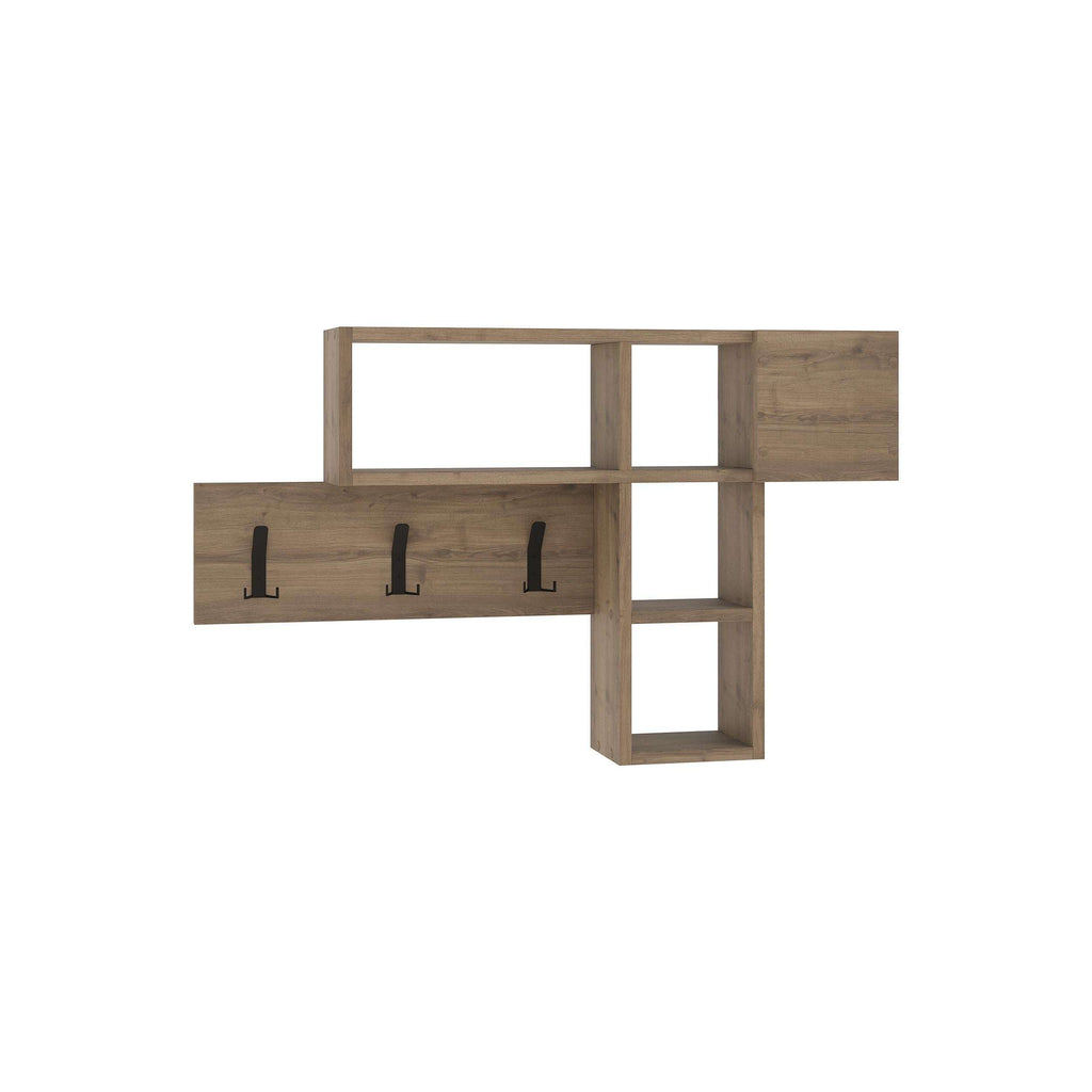 Light oak wall-mounted game hanger with open shelves and three coat hooks