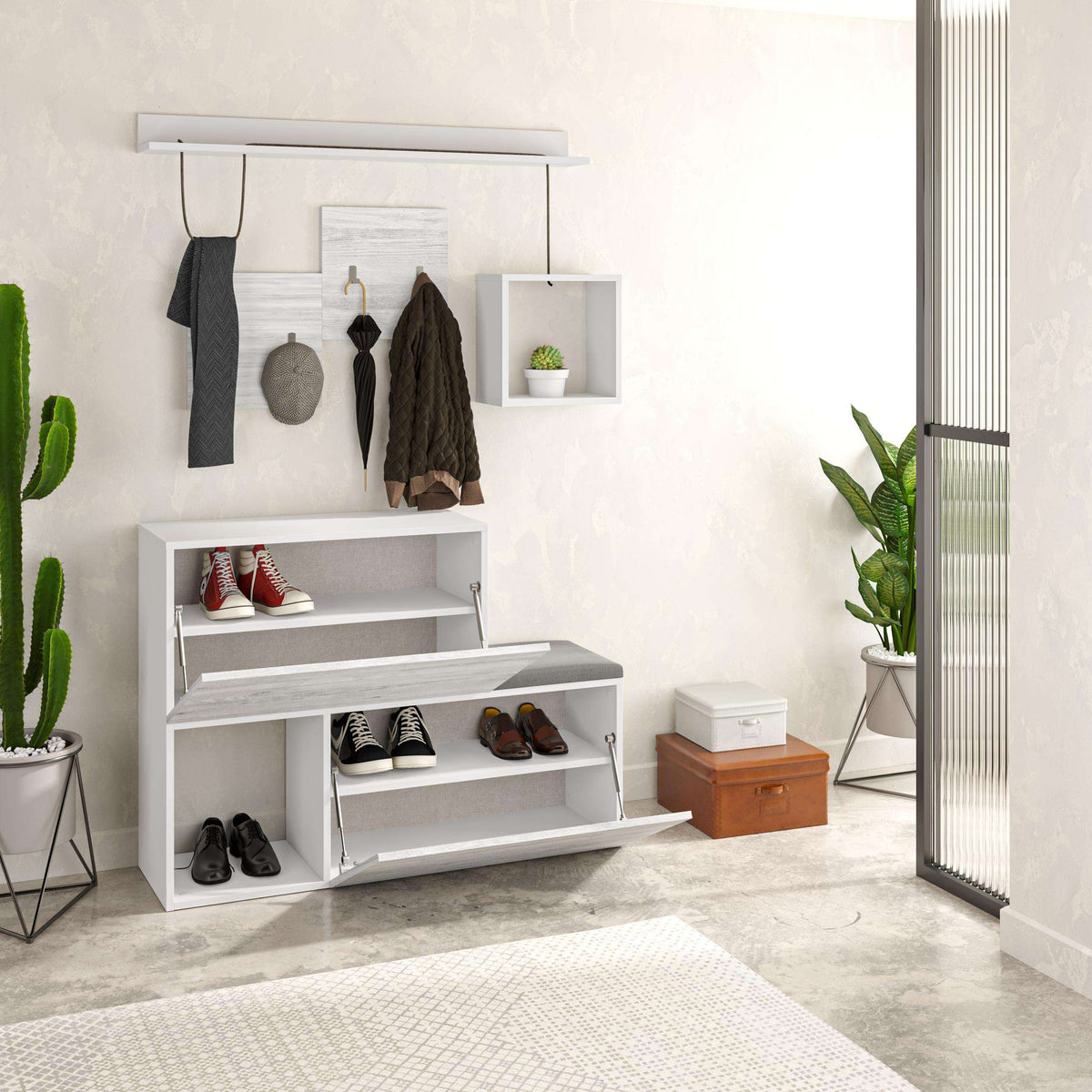 White shoe cabinet with wall hooks, open shoe shelves, and flip-down bench seat