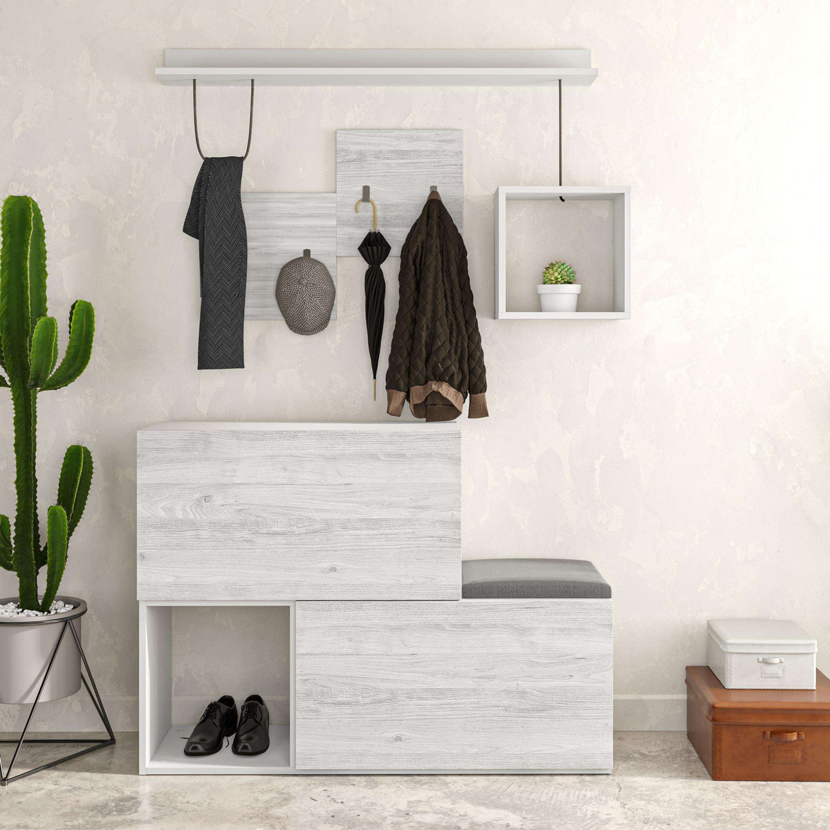 White shoe cabinet with hanging hooks, open lower shelf, and flip-down bench seat