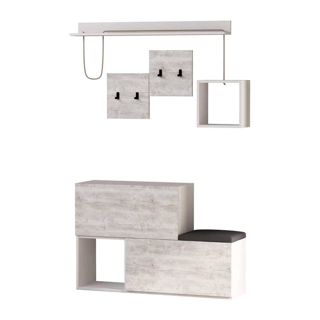 White shoe cabinet with flip-down bench seat, wall hooks, and side cube shelf