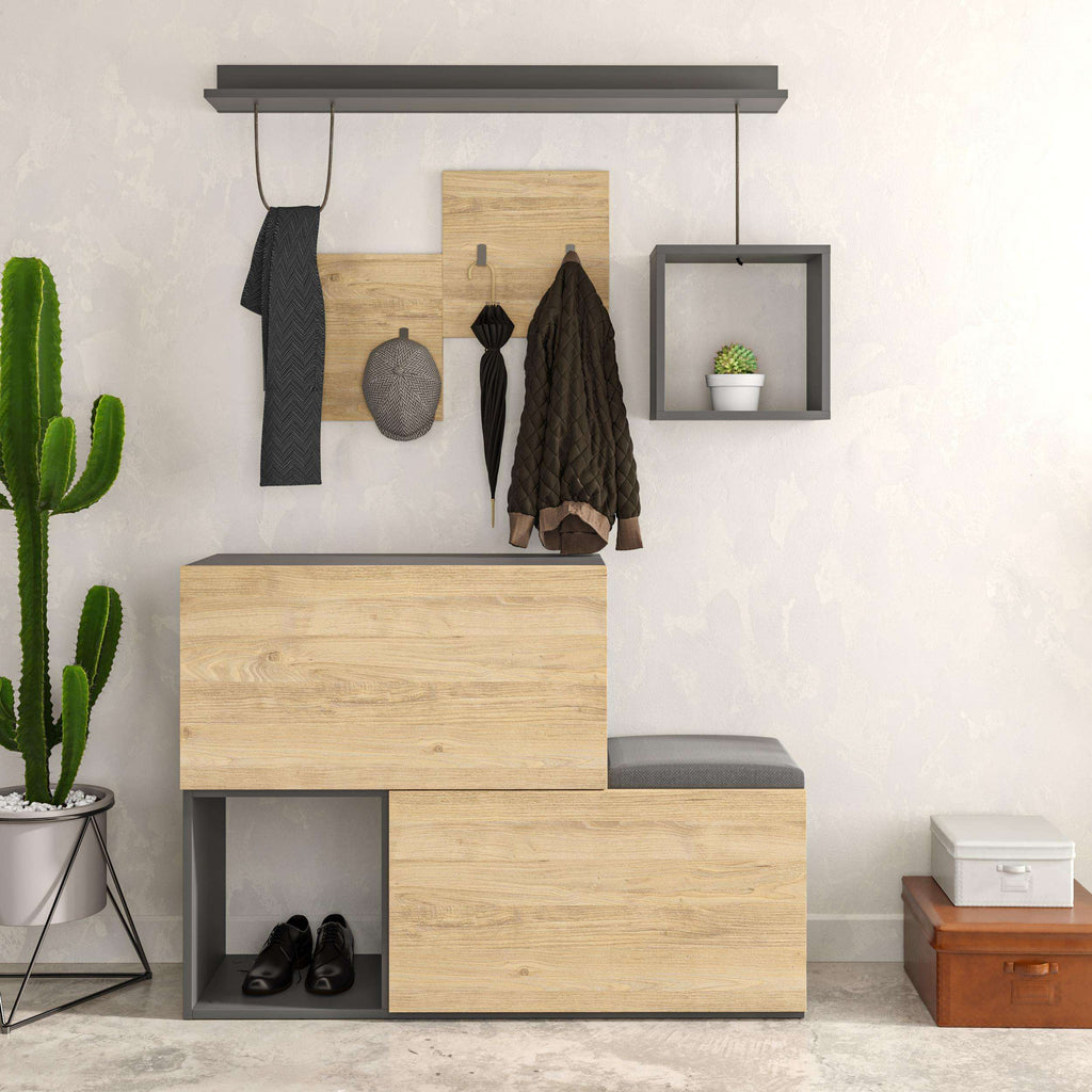 Shoe cabinet with hanging rail above cubby shelves, light oak body and gray base