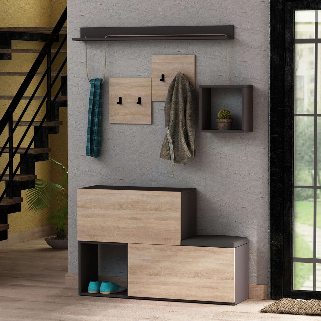 Shoe cabinet with hanging rail and wall shelves, oak bench with anthracite-gray base