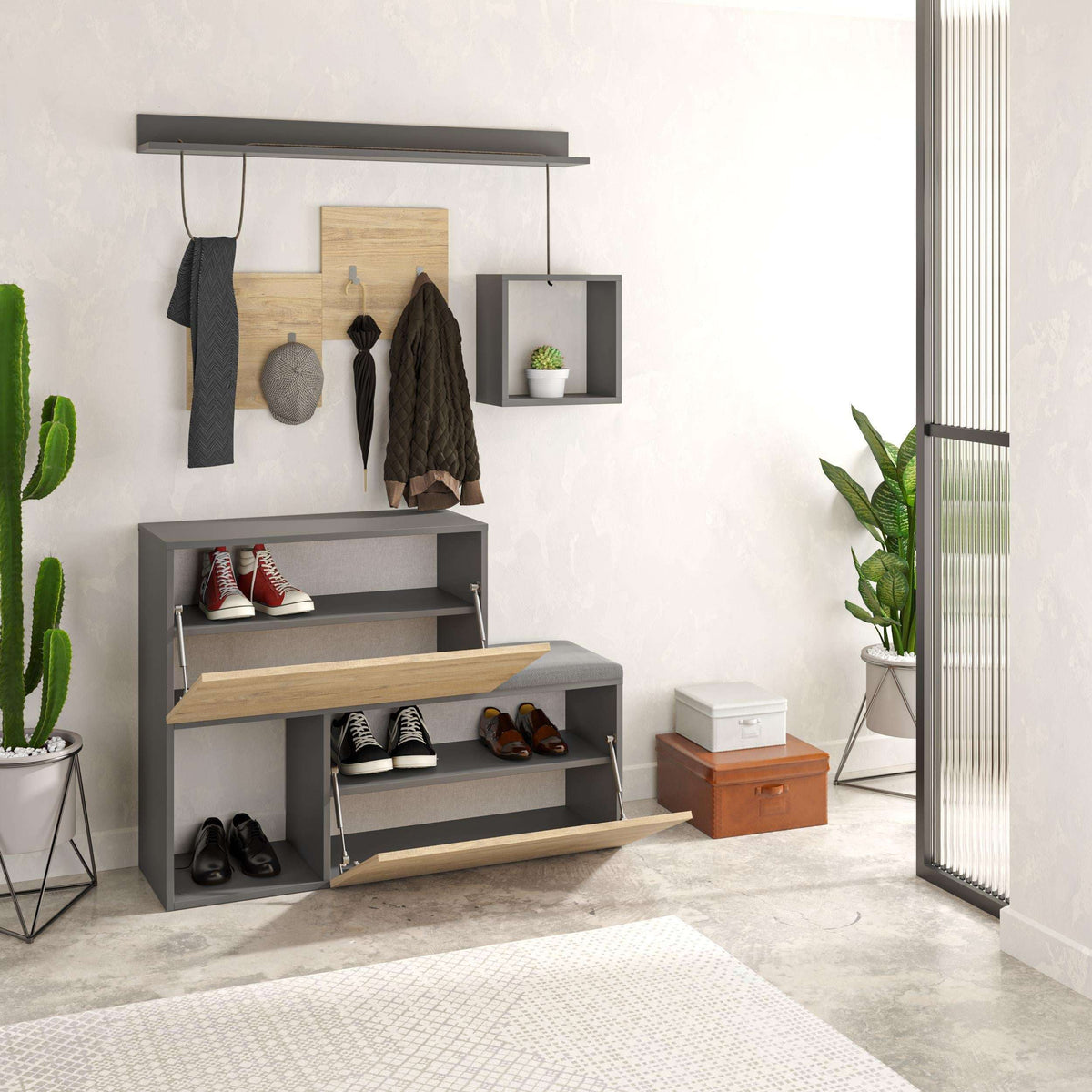 Shoe cabinet with hanging rail and cubby shelves, oak wood doors and gray frame