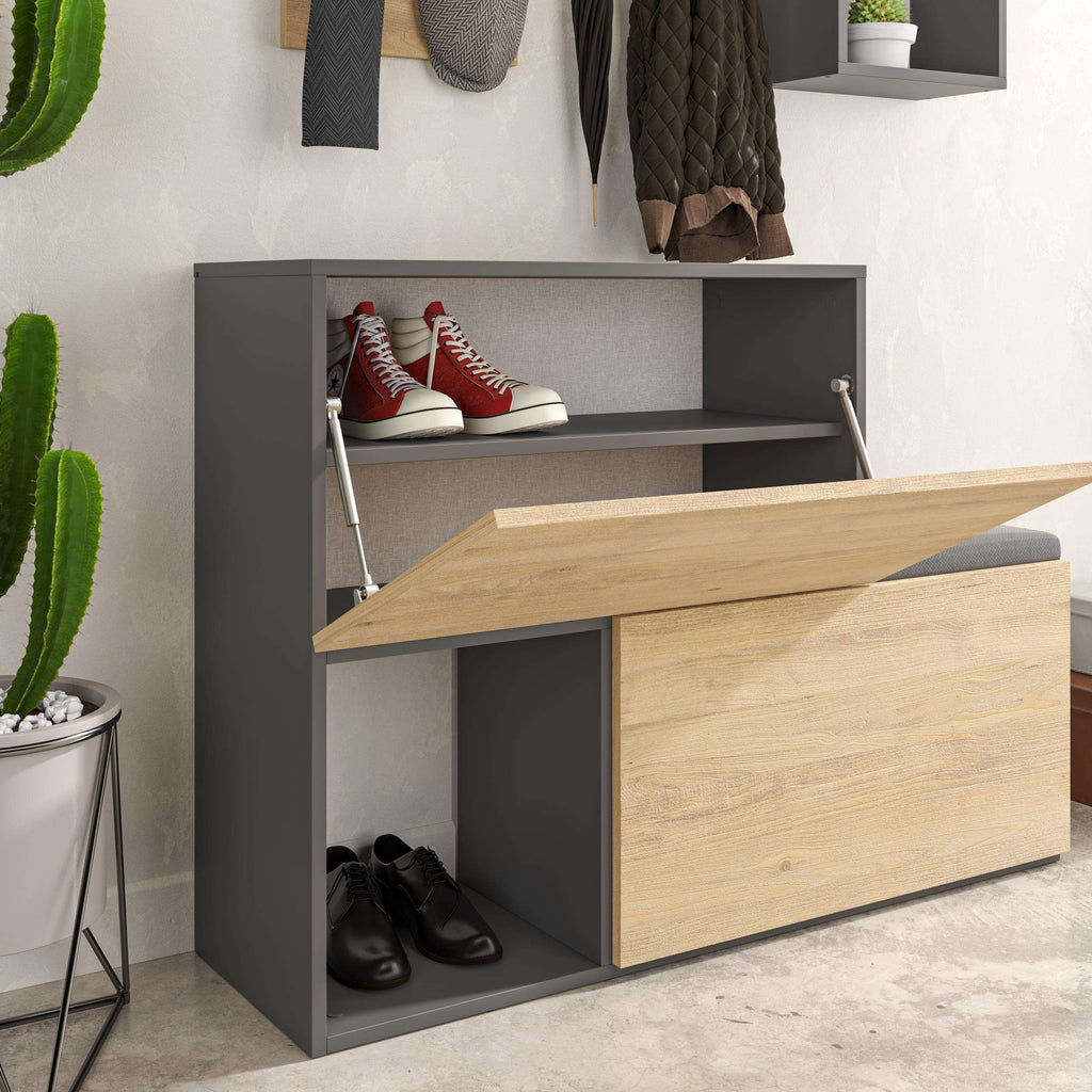 Open shoe cabinet with flip cover and cubby shelves, oak front panel and gray sides