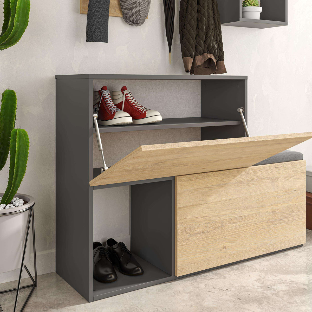 Open shoe cabinet with flip cover and cubby shelves, oak front panel and gray sides