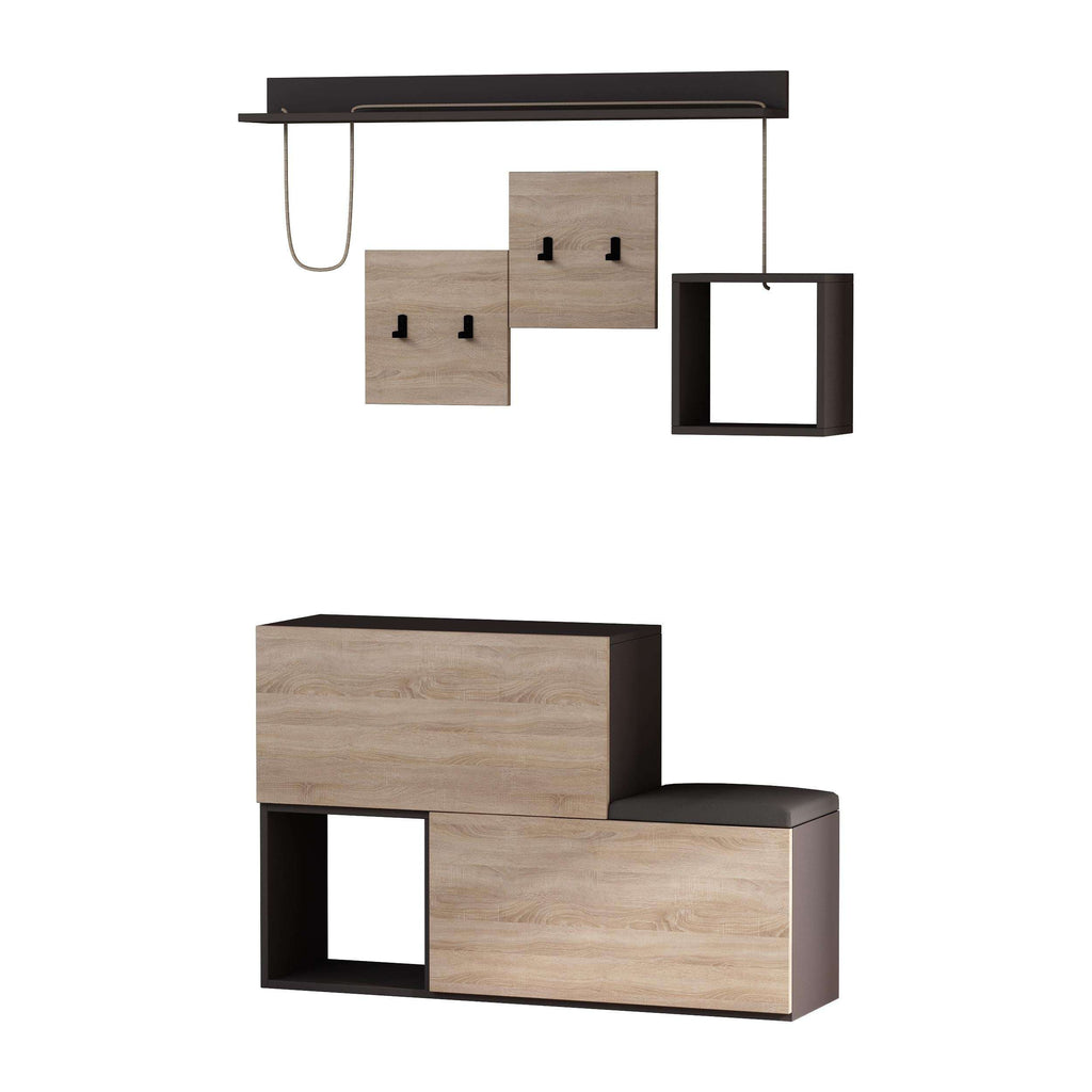 Shoe cabinet with hanging rail and side display shelf, open cubbies in oak and dark frame