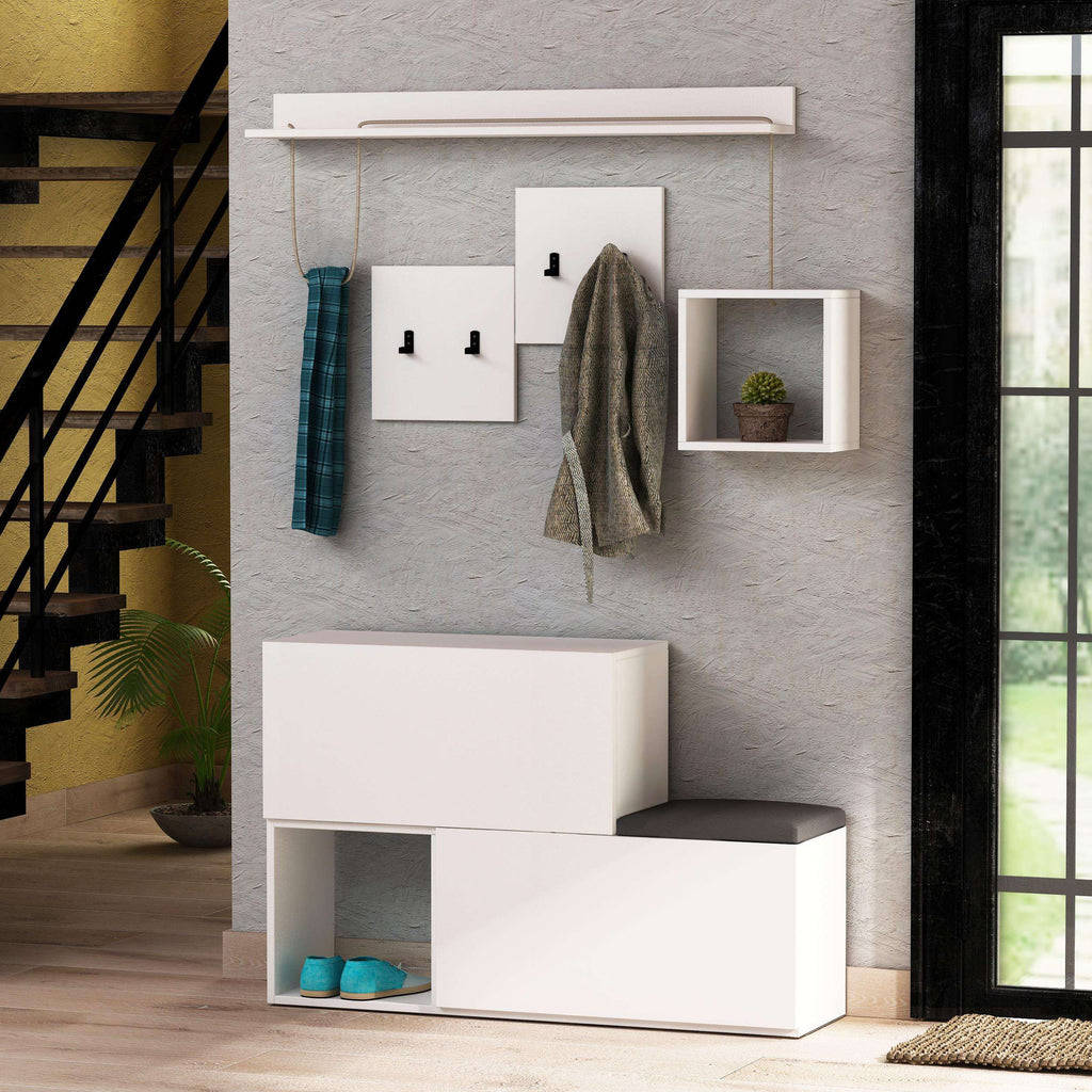 White shoe cabinet with wall hanger hooks, side shelf, and open front shoe compartment