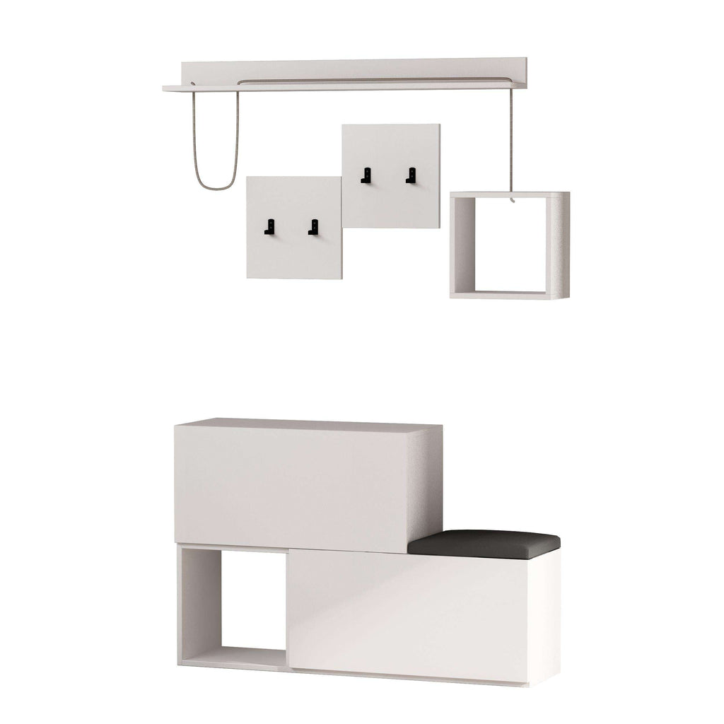 White shoe cabinet with wall hanger bar, hooks, cubby shelf, and open storage bench