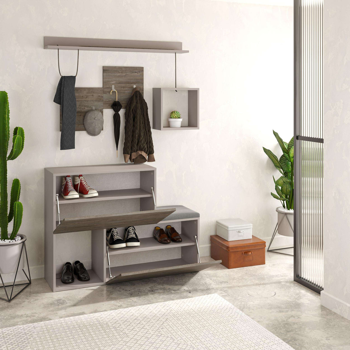 Dark coffee shoe cabinet with wall hanger rail, shoe cubbies, and top shelf