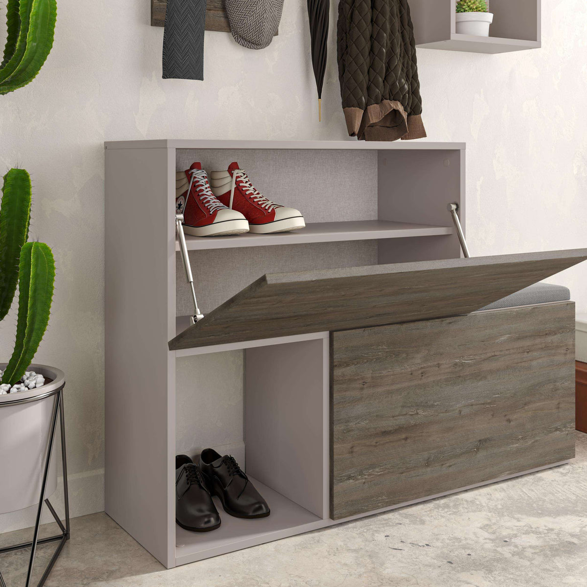 Dark coffee shoe cabinet with open shelves, shoe compartments, and lifting panel