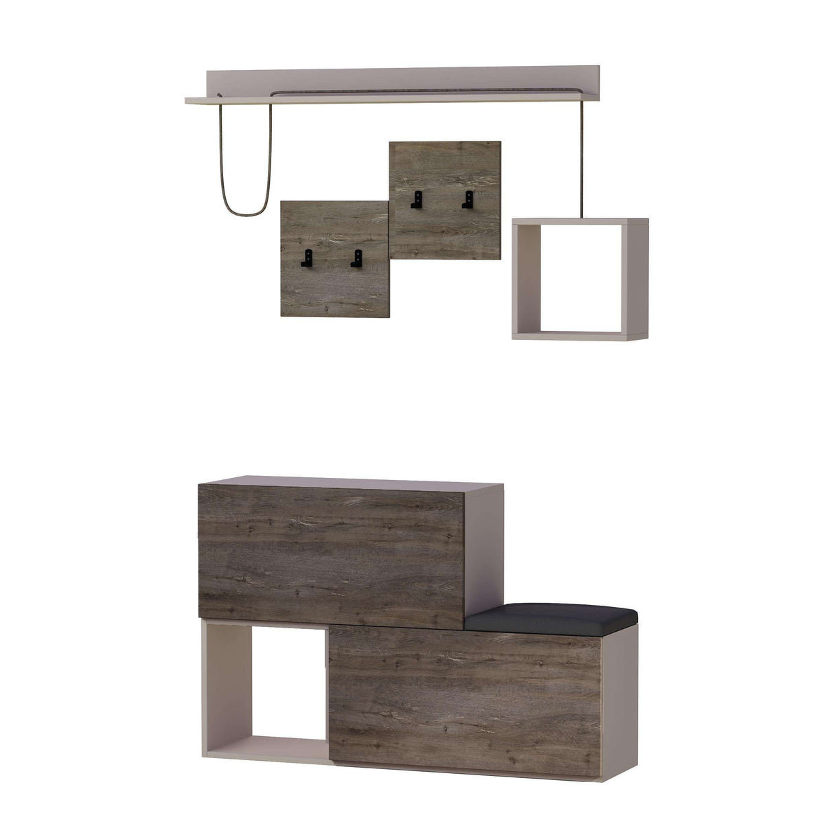 White shoe cabinet with wall hanger rail and side shelves, open cubby storage