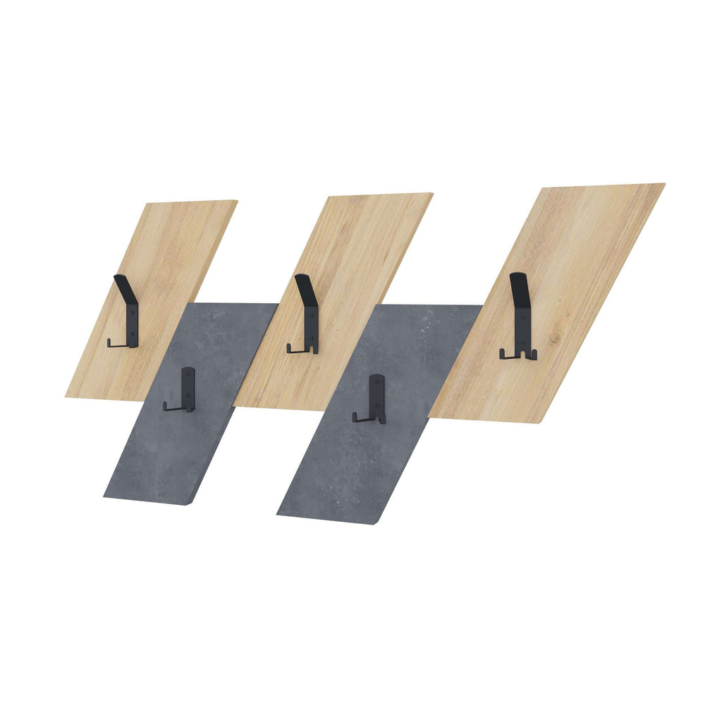 Wall-mounted coat hanger with light wood slats, dark pads, and black hook attachments