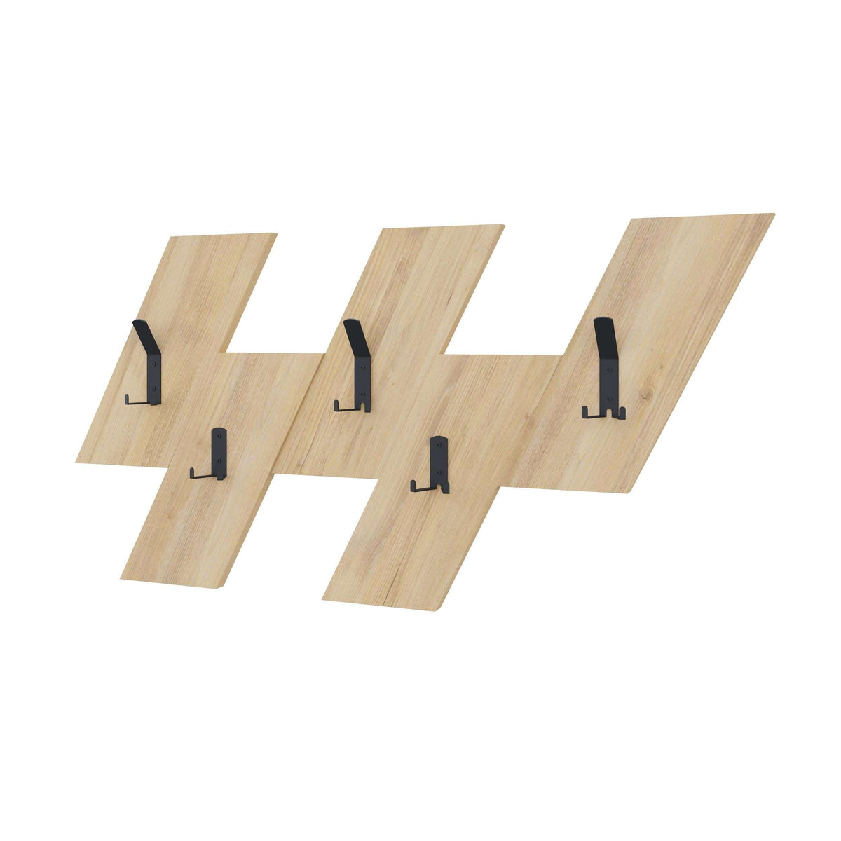 Wall-mounted coat hanger with light oak arms and black hooks in an X layout
