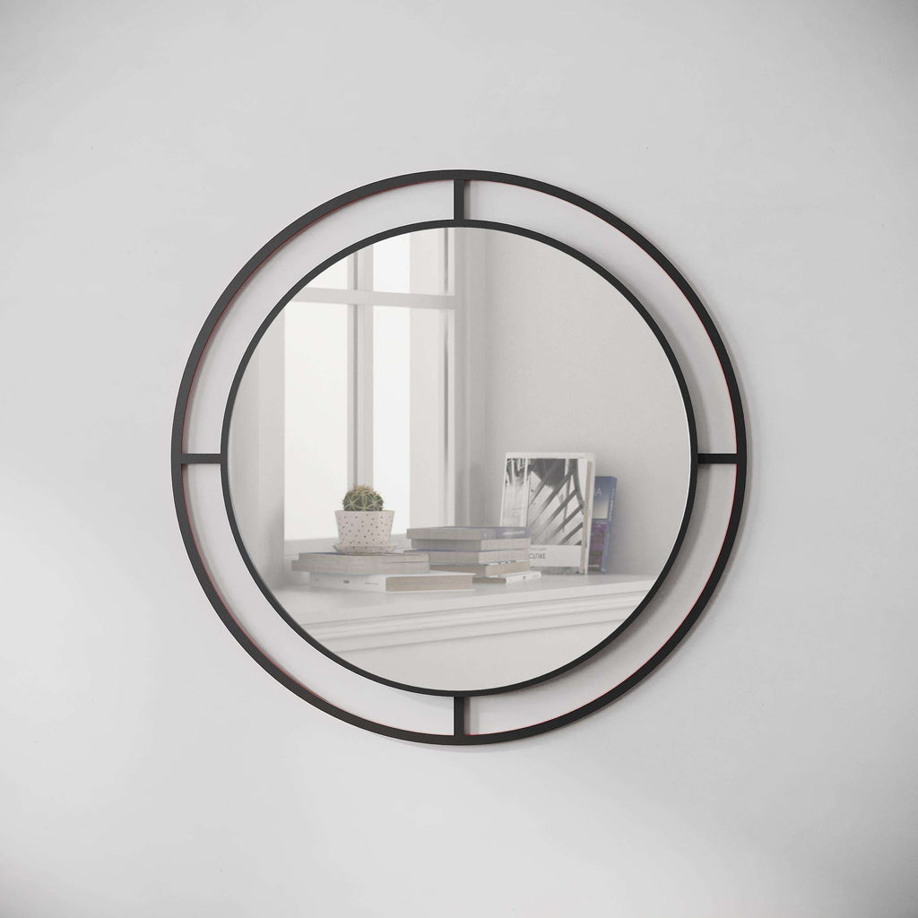 Black round wall mirror with thick circular frame and straight inner ring