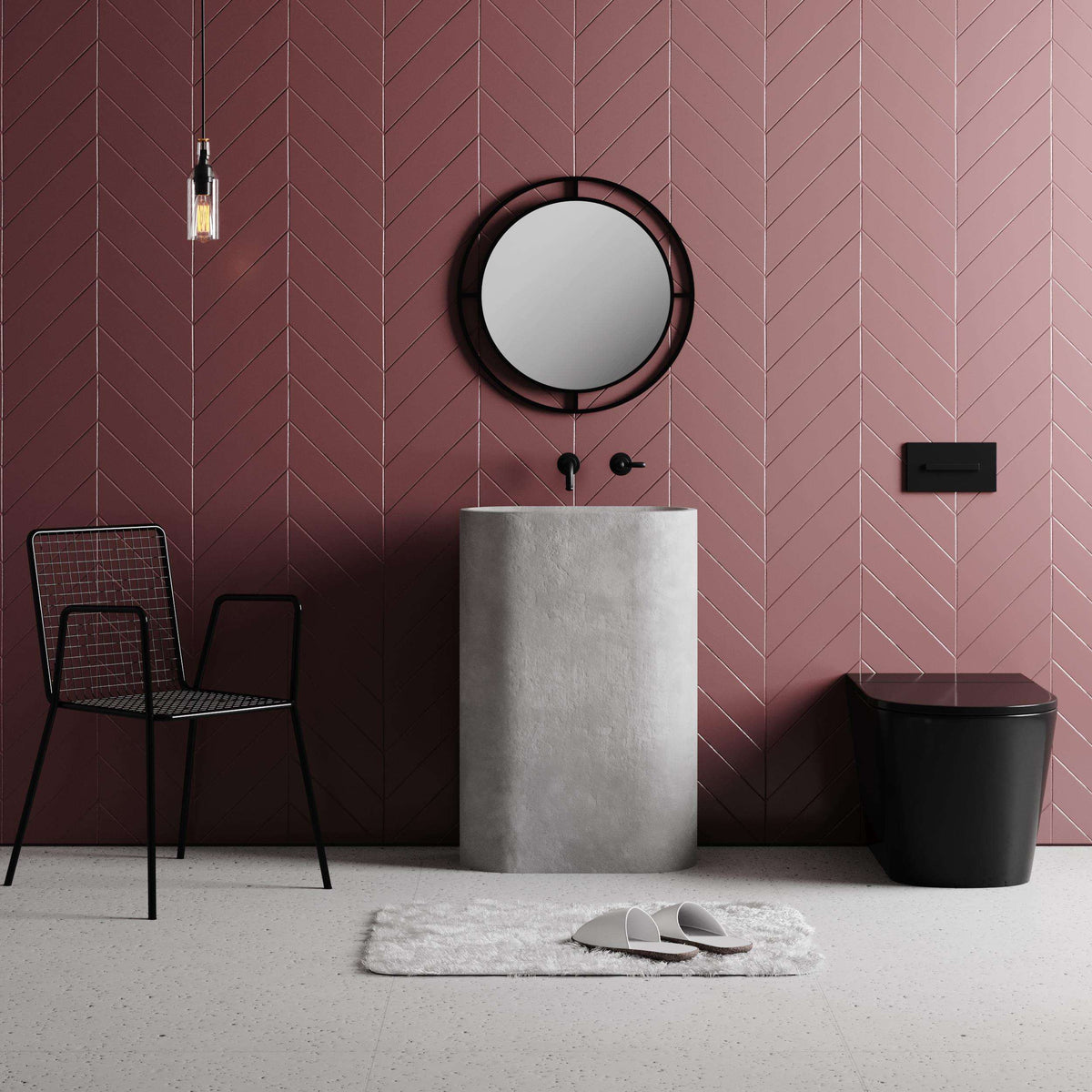 Black round wall mirror with circular frame, mounted with two hanging cords