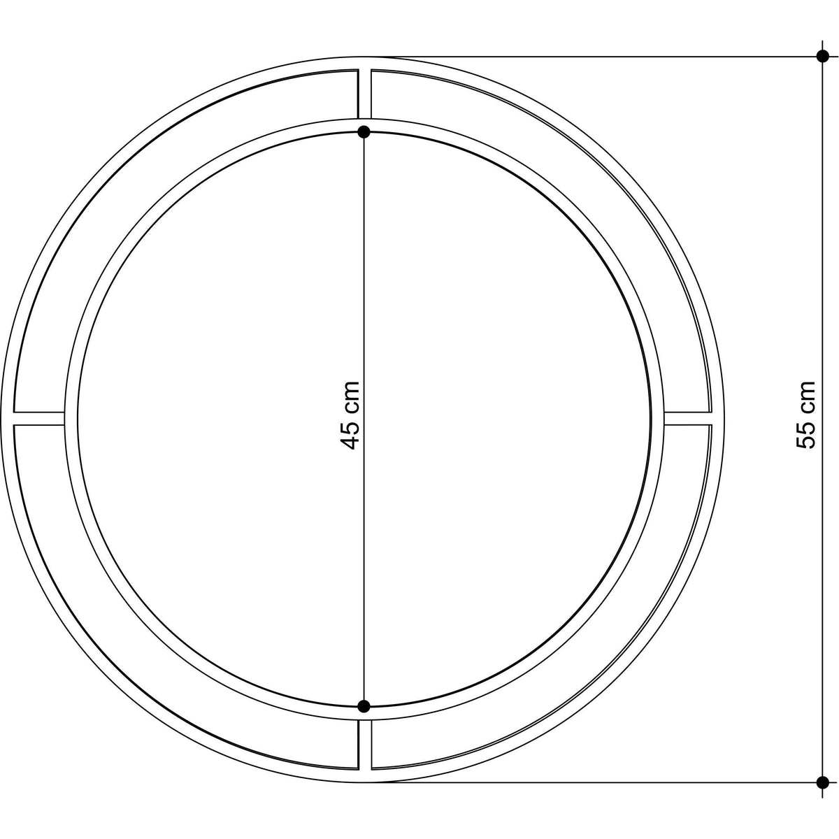 Round mirror with double-arched frame design, black outline, 45 cm diameter