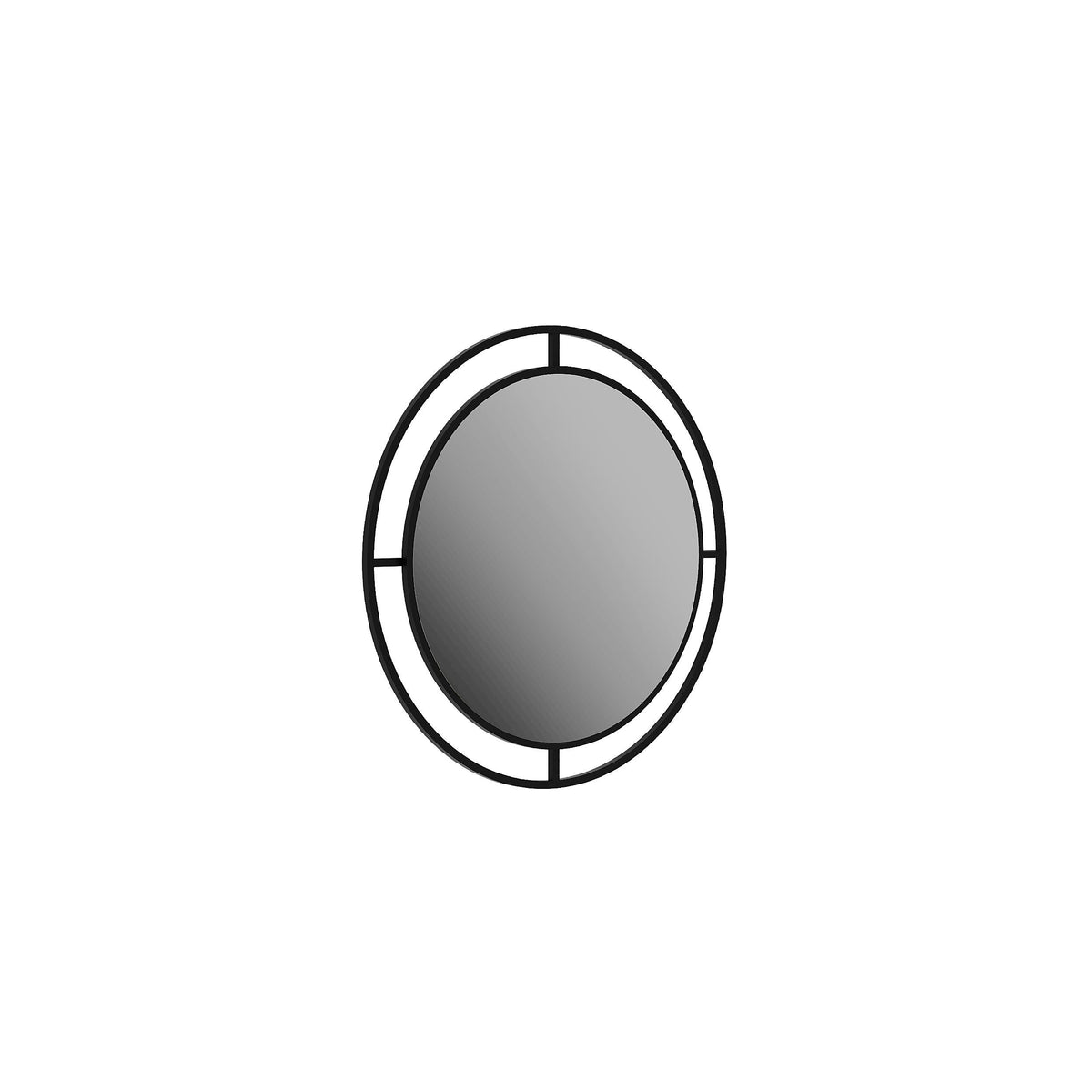 Wall mirror with black oval frame and segmented bars, reflective glass center.