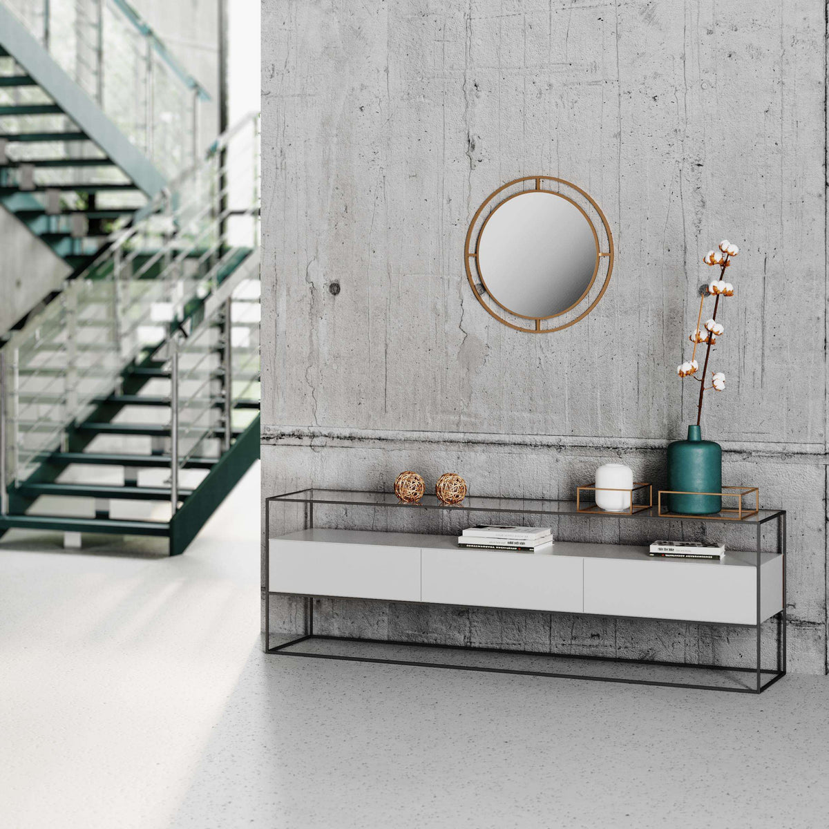 Wall mirror with gold circular outer frame and segmented bars around reflective glass center.