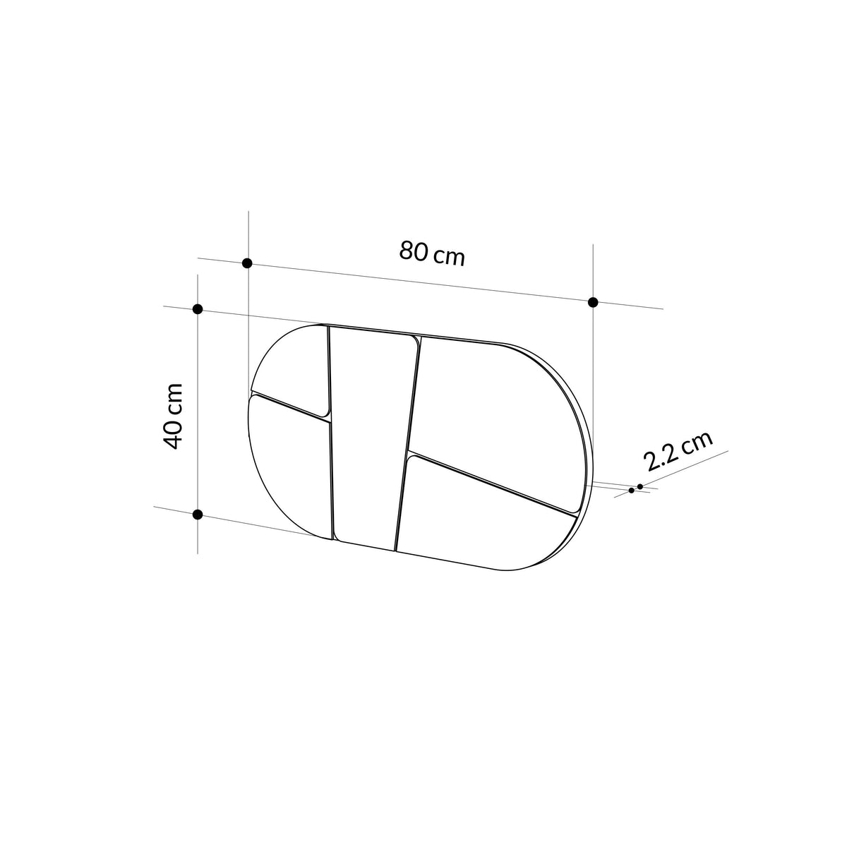 White rounded wall mirror size: 80 cm x 40 cm, 2.2 cm frame depth.