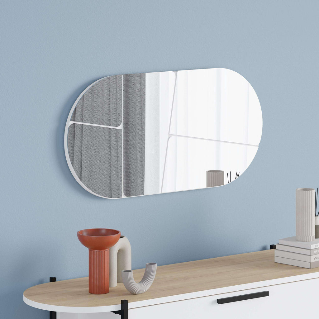 White rounded wall mirror with slim frame, oval shape for mounting on wall.