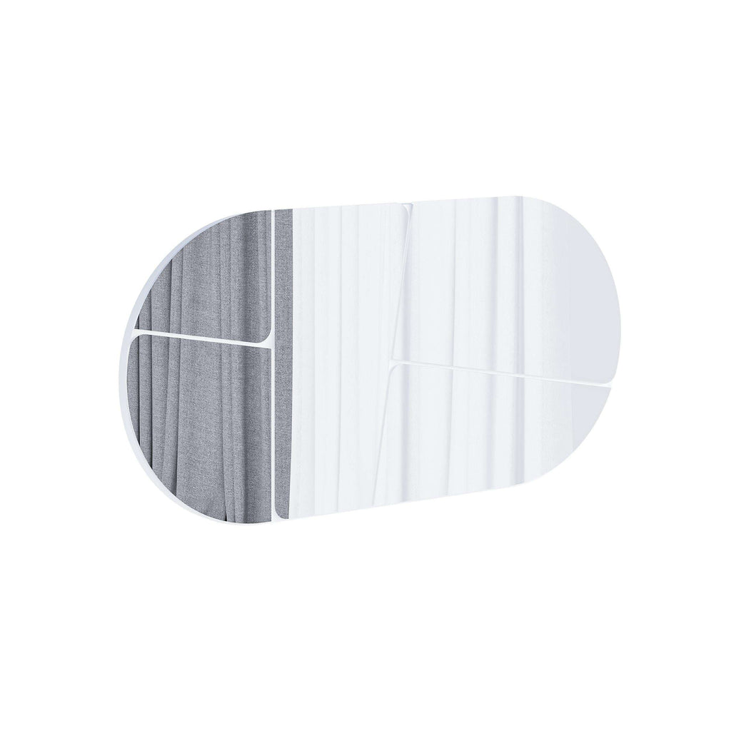 White oval wall mirror with rounded corners and reflective glass, close-up view.